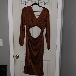 Gorgeous mocha-copper satin dress.